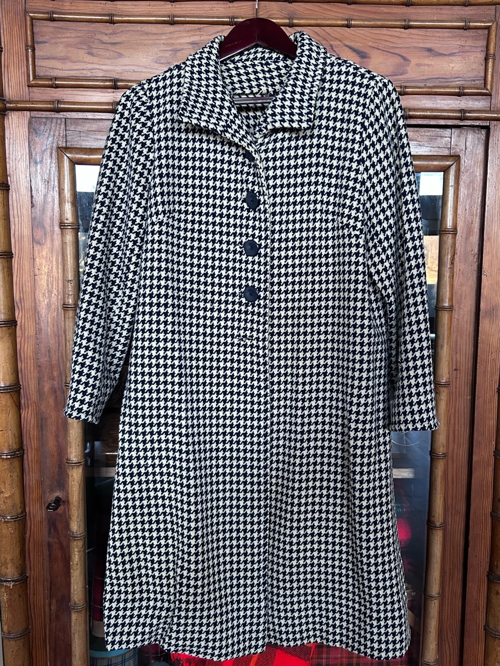 Vintage Handmade Classic Houndstooth Long Women's Dress Coat - Navy & White